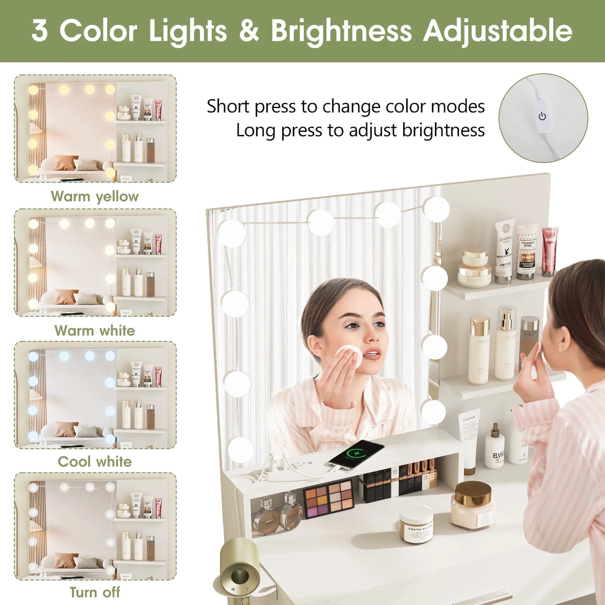 VEANERWOOD Makeup Vanity Table with Lighted Mirror & Power Strip, White Vanity Set with Large Storage, 3 Lighting Modes, 31.5 inch, White