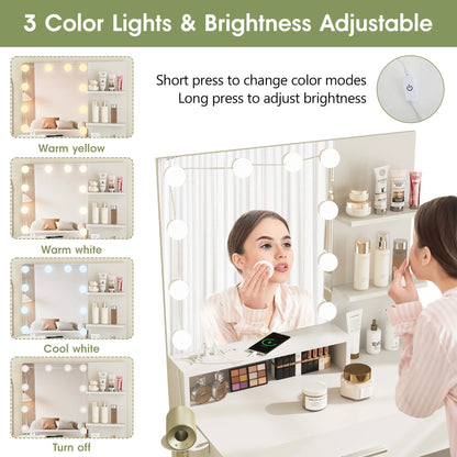 VEANERWOOD Makeup Vanity Table with Lighted Mirror & Power Strip, White Vanity Set with Large Storage, 3 Lighting Modes, 31.5 inch, White