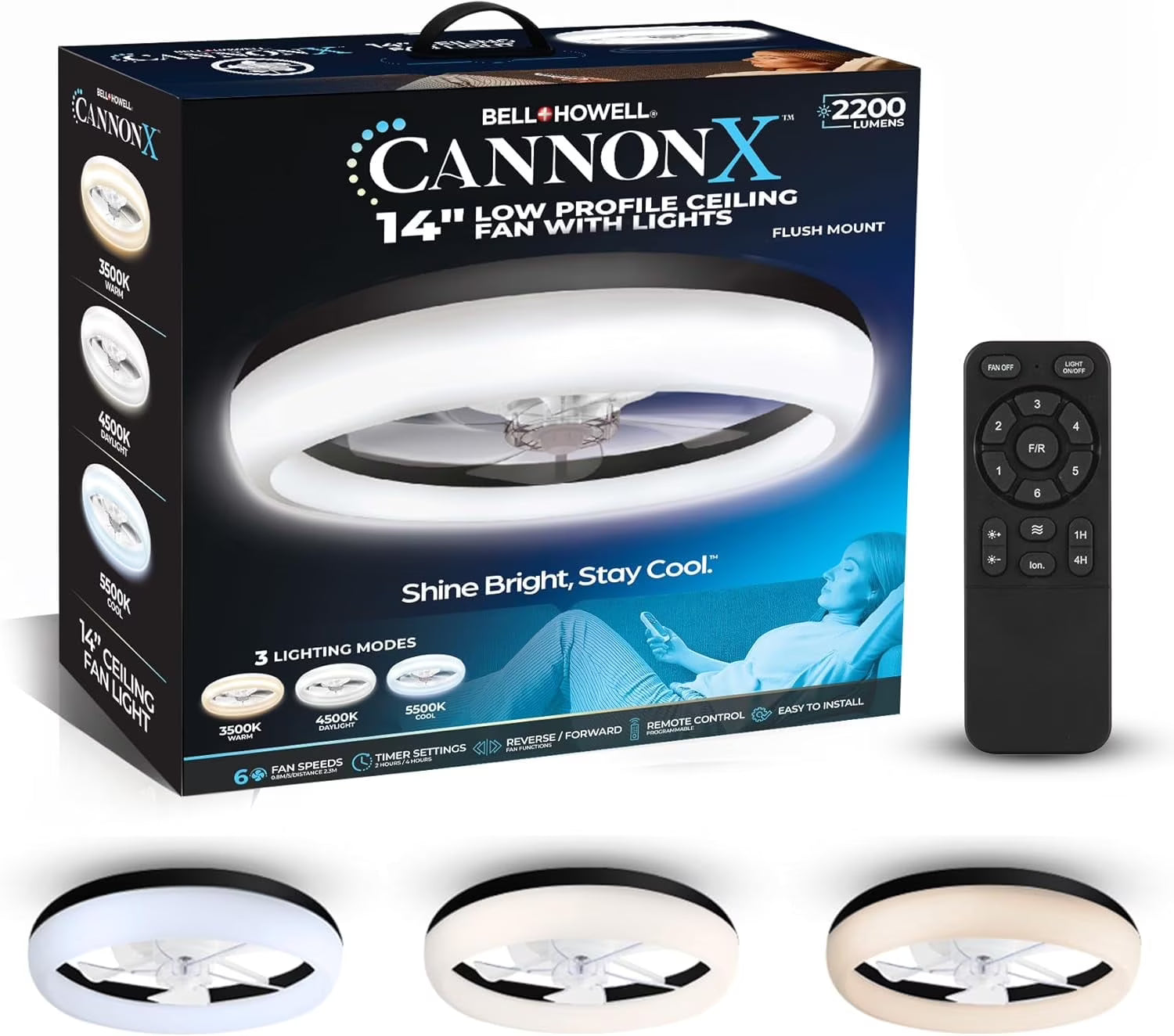 CannonX 14? Low Profile Ceiling Fans with Lights and Remote, Modern Fandelier Ceiling Fan with Light, 6 Speeds, 3 Lighting Modes 3500K-5500K, Flush Mount for Bedroom, LED 2200 Lumens