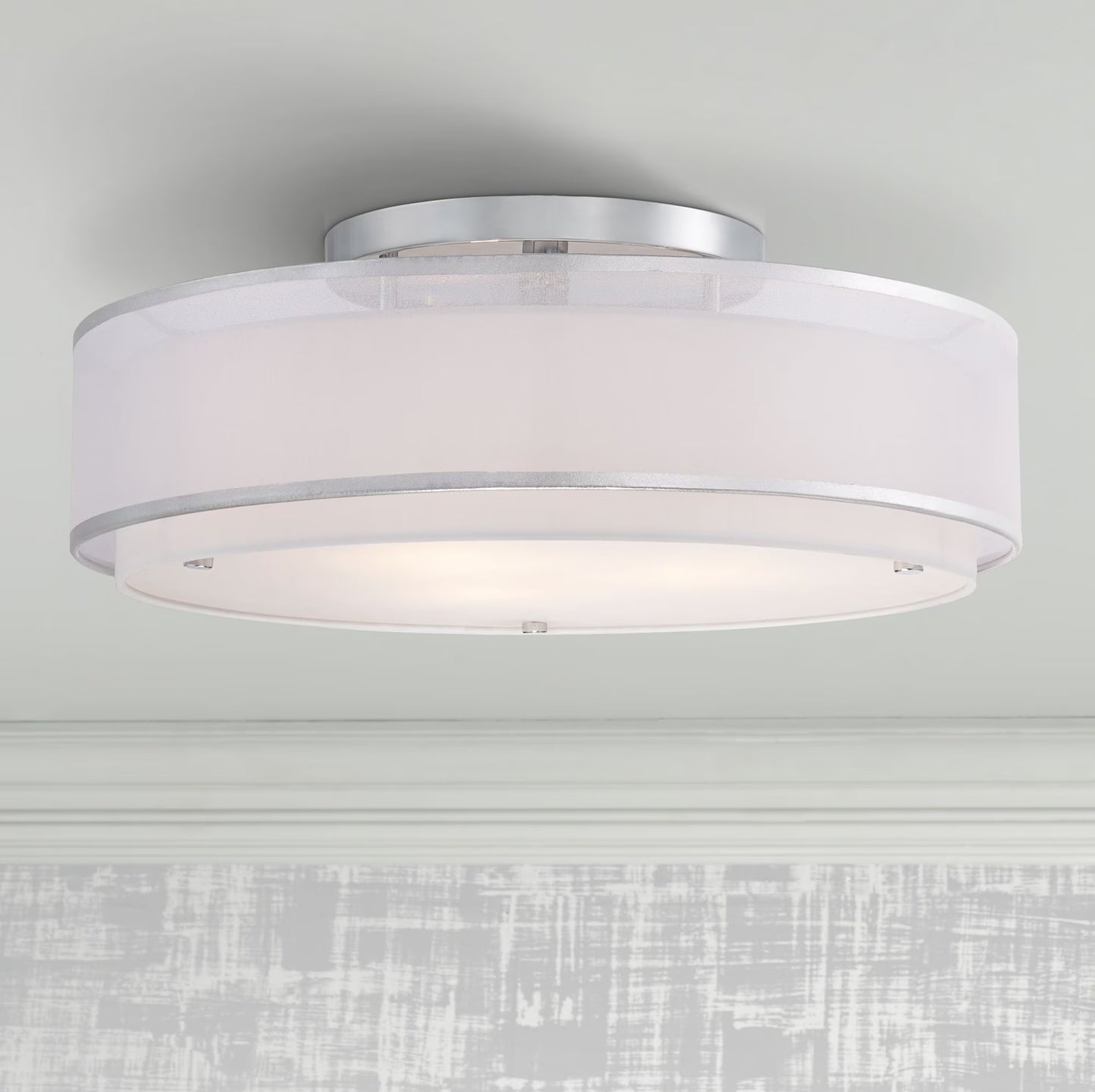 Possini Euro Design Modern Ceiling Lighting Semi Flush Mount Fixture 20" Wide Chrome 3-Light Sheer Outer Off White Inner Drum Shade for Bedroom House
