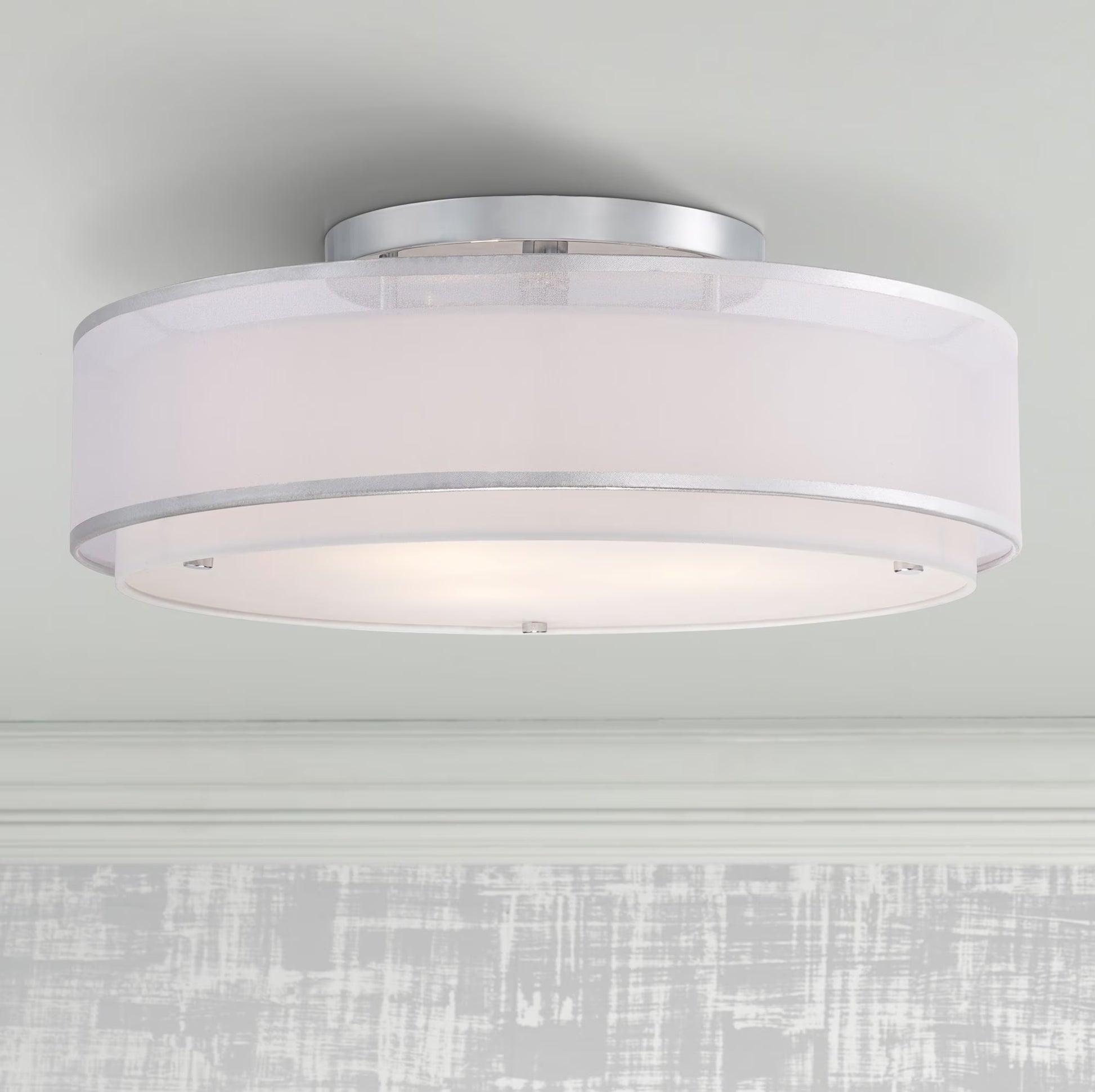 Possini Euro Design Modern Ceiling Lighting Semi Flush Mount Fixture 20" Wide Chrome 3-Light Sheer Outer Off White Inner Drum Shade for Bedroom House