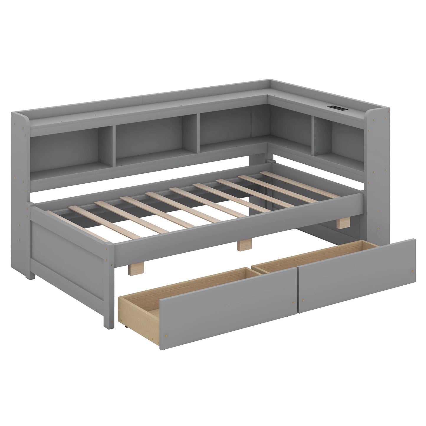 BEBPILOO Twin Size L-Shaped Bookcase Bed with Electrical Outlet, USB Charging Port, Two Drawers, Gray