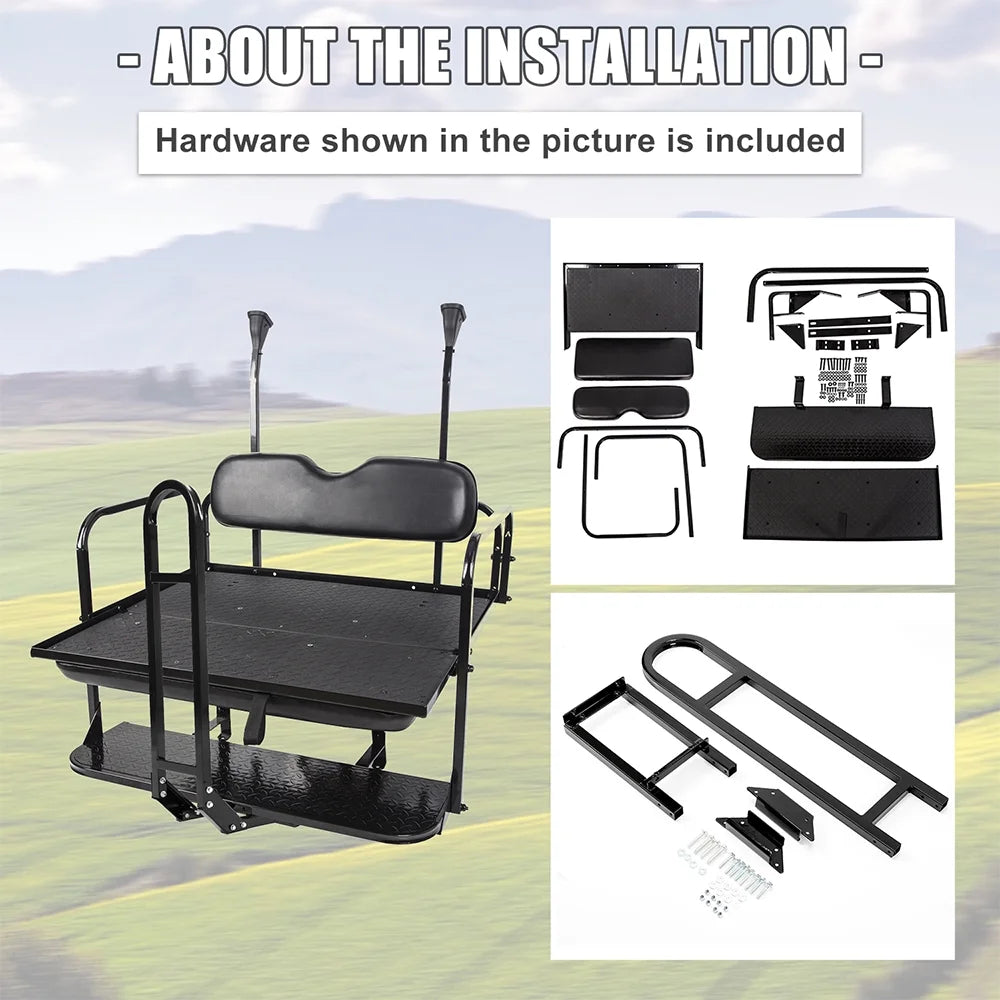 Kojem Flip Folding Rear Black Seat Kit for 2004-up Club Car Precedent Gas or Electric Models Golf Cart w/Extra Handle Bar w/Roof Support - 3 Packages & All Hardware