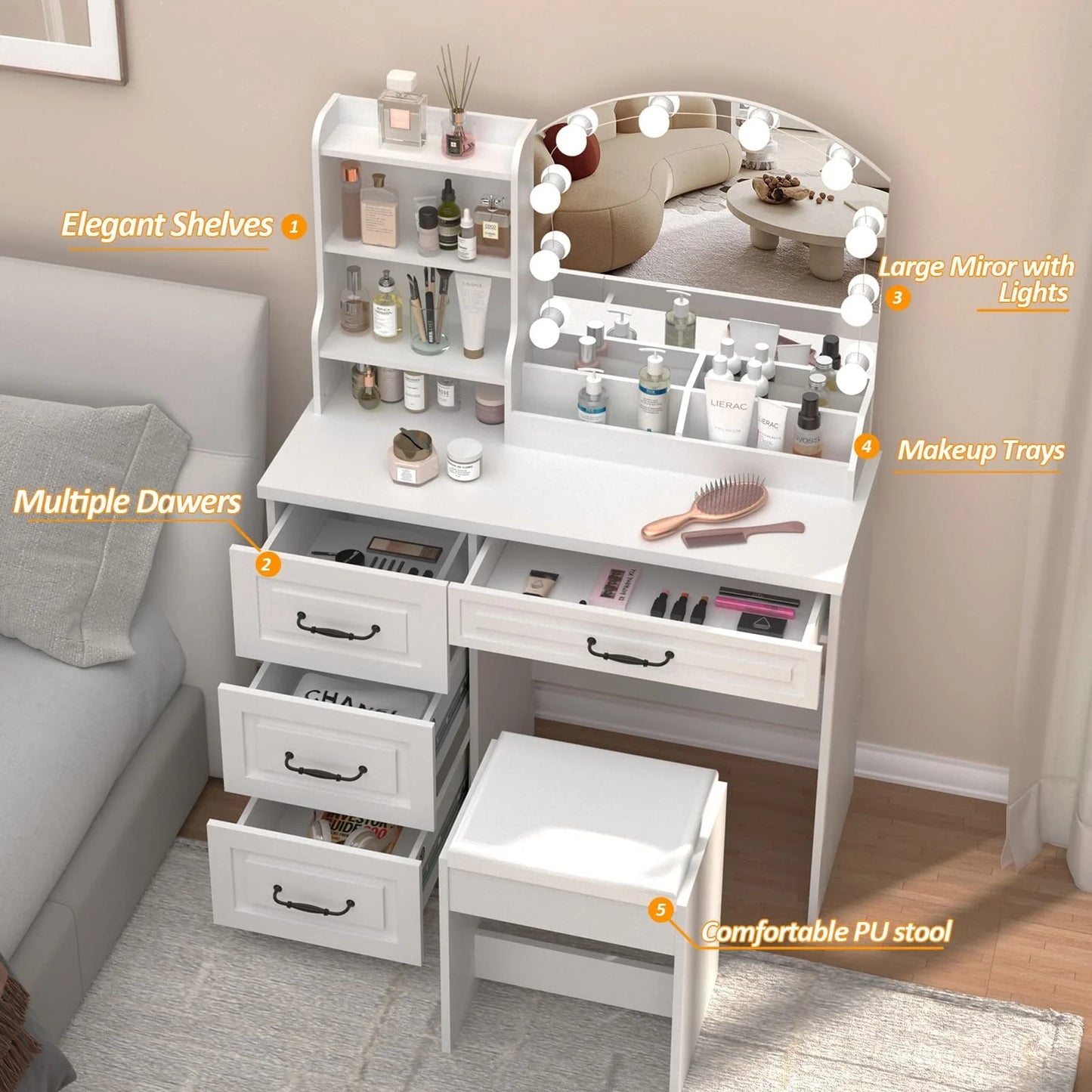Veanerwood Makeup Vanity Desk with Lights and 4 Drawers, Modern Vanity Table Set, 3 Lighting Colors, 39.4in, White Finish