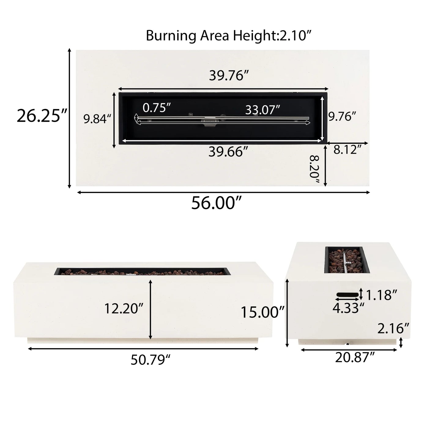 Christopher Knight Home Modern Outdoor 56" Rectangular Propane Fire Pit, 50,000 BTU, White MGO, (No Tank Cover)