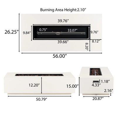 Christopher Knight Home Modern Outdoor 56" Rectangular Propane Fire Pit, 50,000 BTU, White MGO, (No Tank Cover)