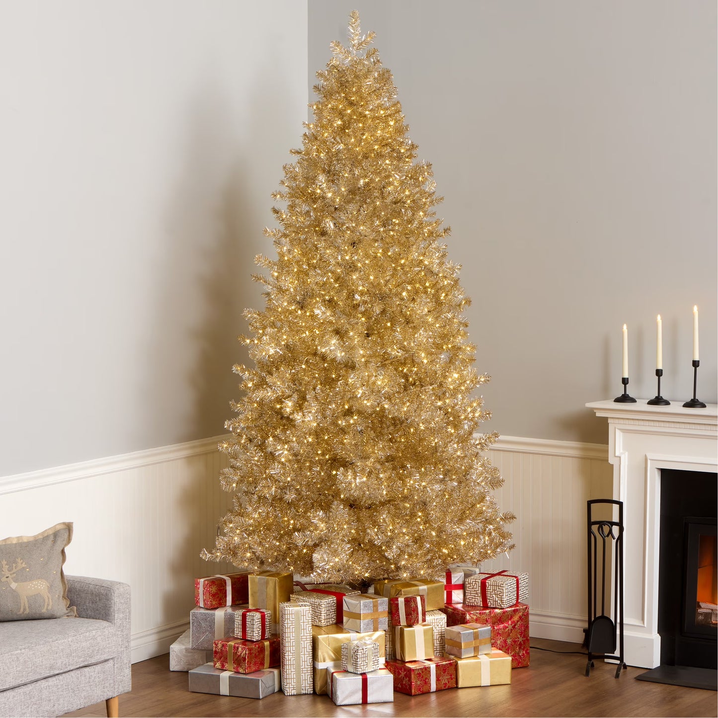 National Tree Company Pre-Lit Artificial Christmas Tree, Platinum, Tinsel, 1250 Warm White LED Rice Lights, Includes Stand, 7.5 Feet