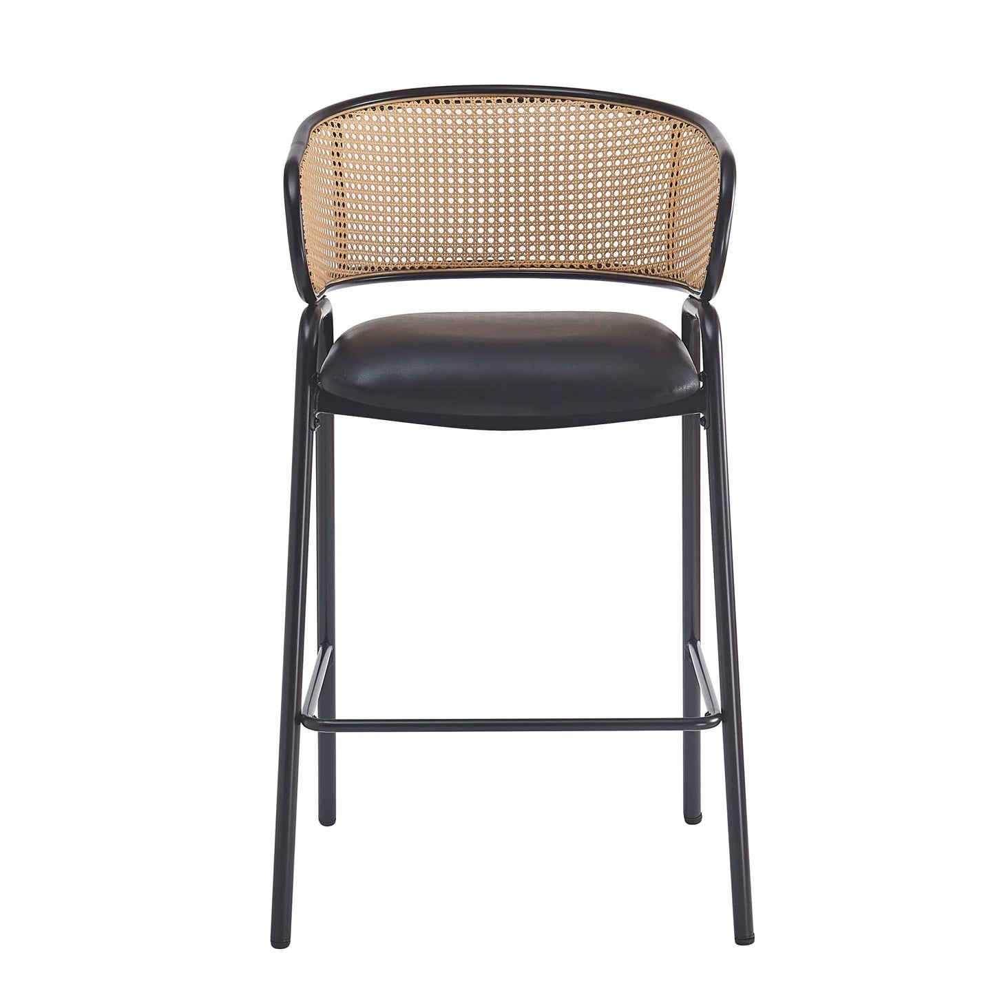 Christopher Knight Home 29.5" PU Upholstered Bar Stool with Woven Rattan Backrest & Iron Frame, Black, Set of 2