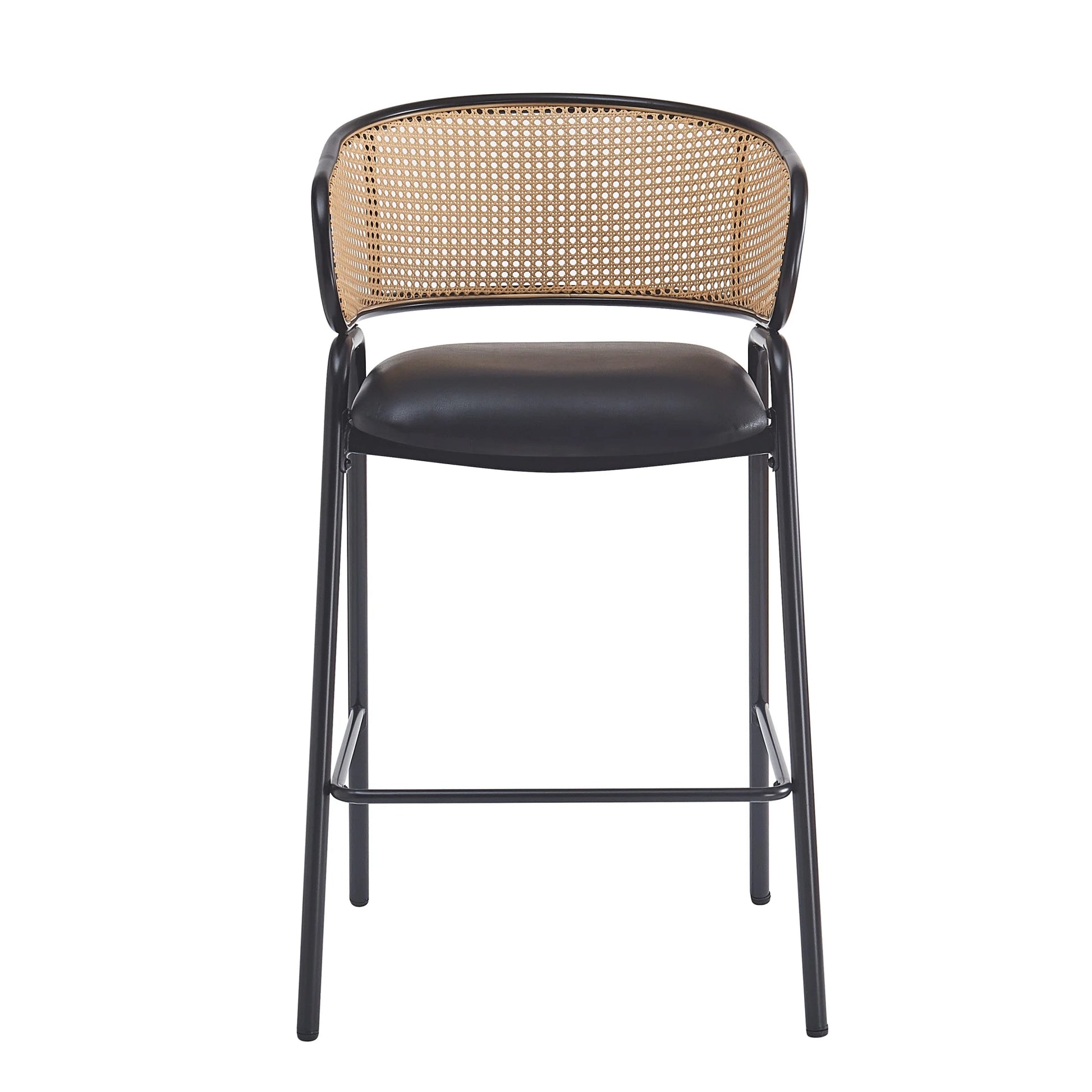 Christopher Knight Home 29.5" PU Upholstered Bar Stool with Woven Rattan Backrest & Iron Frame, Black, Set of 2
