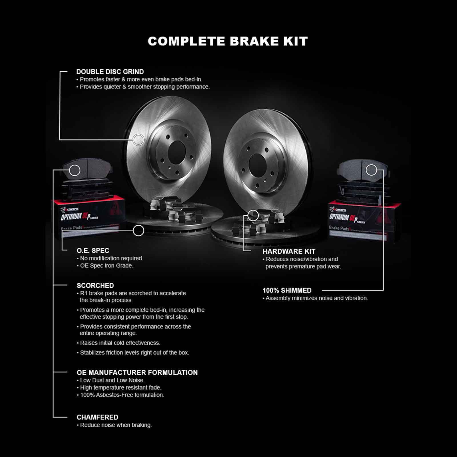 R1 Concepts Front Rear Brakes and Rotors Kit |Front Rear Brake Pads| Brake Rotors and Pads| Optimum OEp Brake Pads and Rotors |Hardware Kit WFUH2-45013