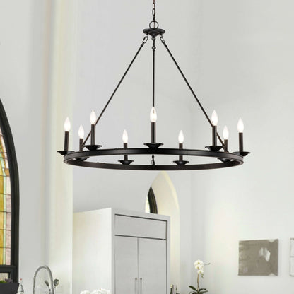 The Lighting Store Eva 9-Light Antique Black Wagon Wheel Candle Style Round Chandelier - 40 inches in diameter x 32 inches H