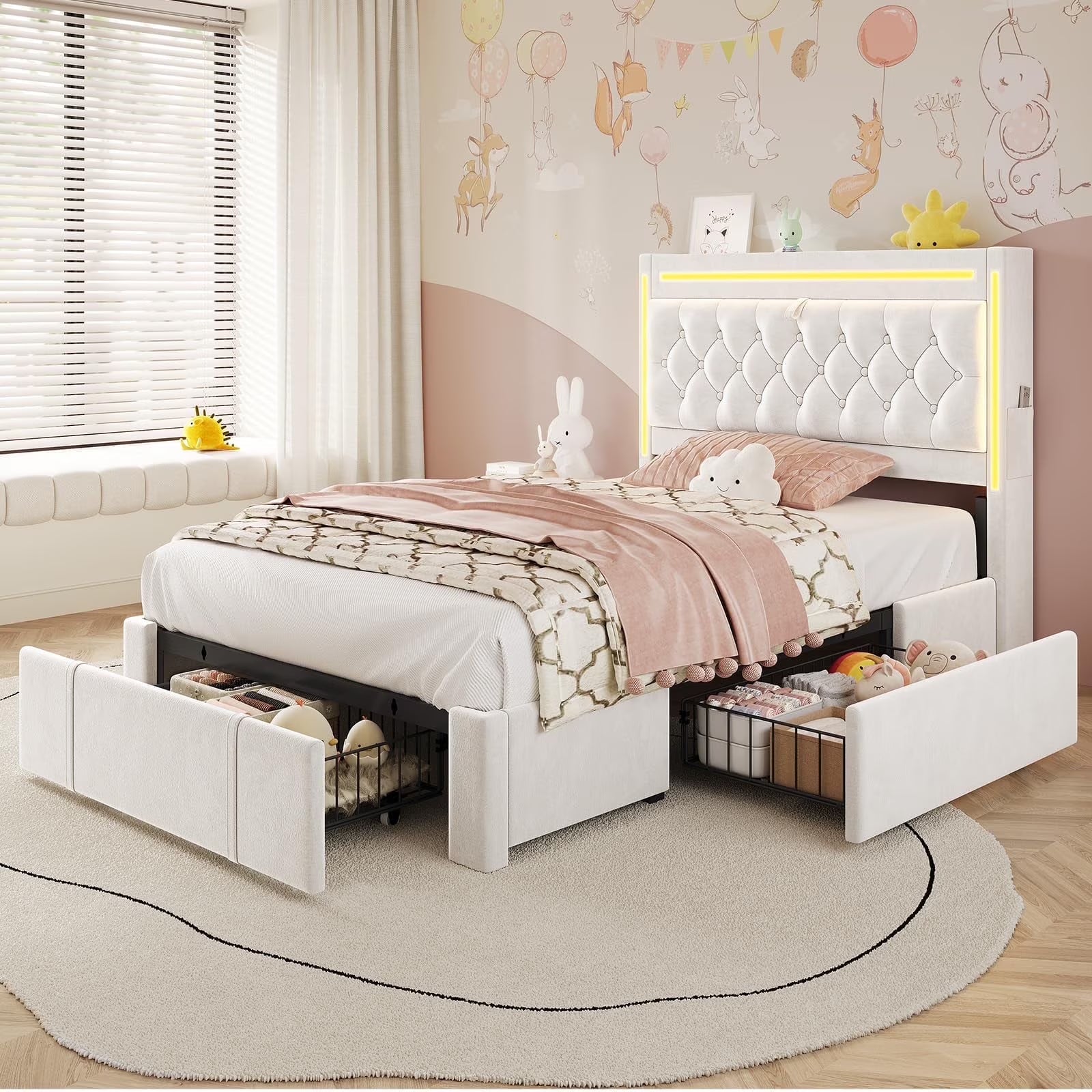 Platform Bed Twin Size with Storage Drawers and Headboard,, Twin Size Velvet Upholstered Bed with RGB Lighting and Power Outlet, No Box Spring Needed, Noise-Free, White