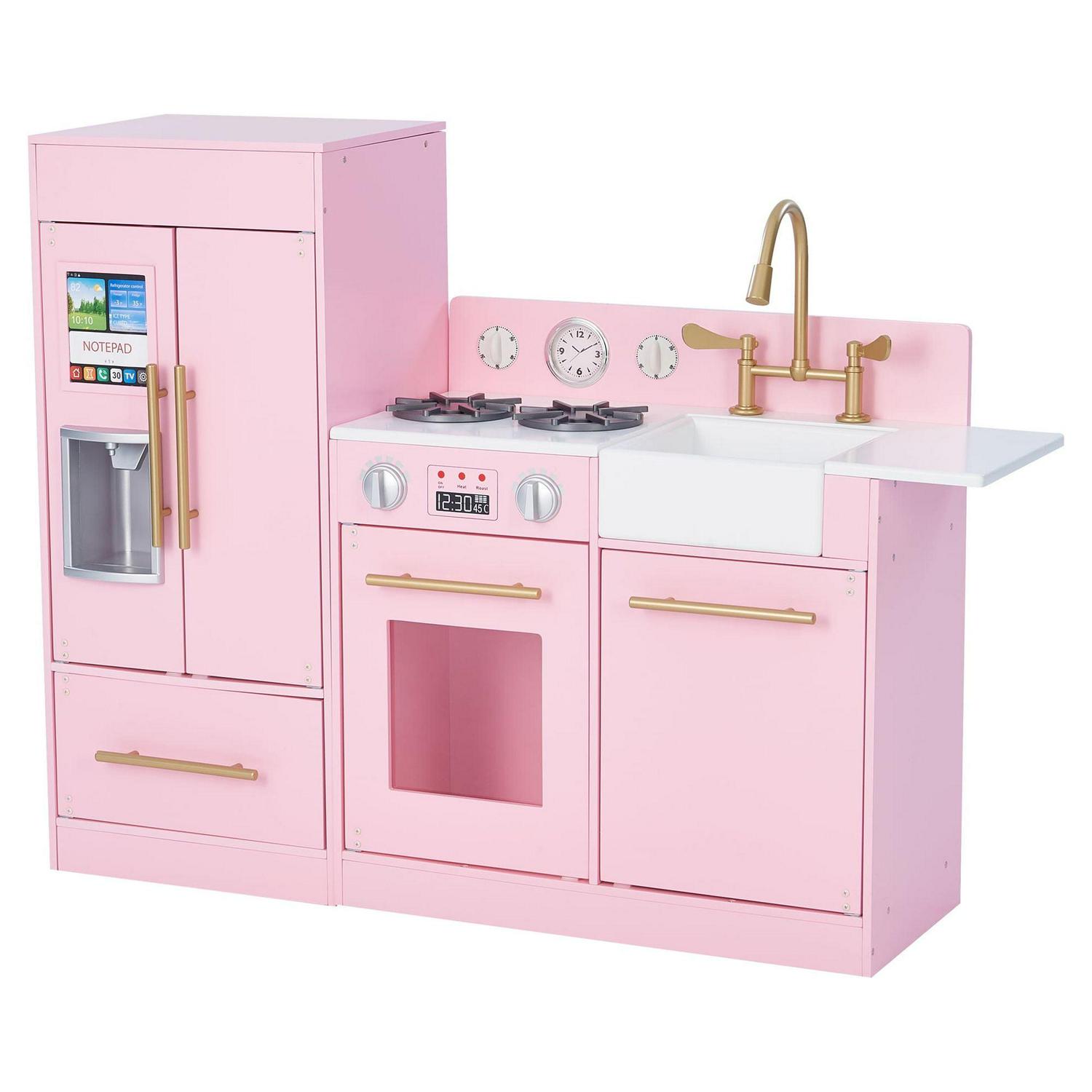 Teamson Kids Little Chef Charlotte Wooden Play Kitchen Set for Toddlers. Pretend Cooking Playset with Stove. Sink & Fridge. Pink/Gold