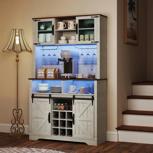 72" Farmhosue Coffee Bar Cabinet with Storage, Tall Kitchen Buffet with Hutch & Wine & Glasses Rack, Sliding Barn Door, Charging Station, RGB Lighting, 12 Storage Shelves, Sideboard Table