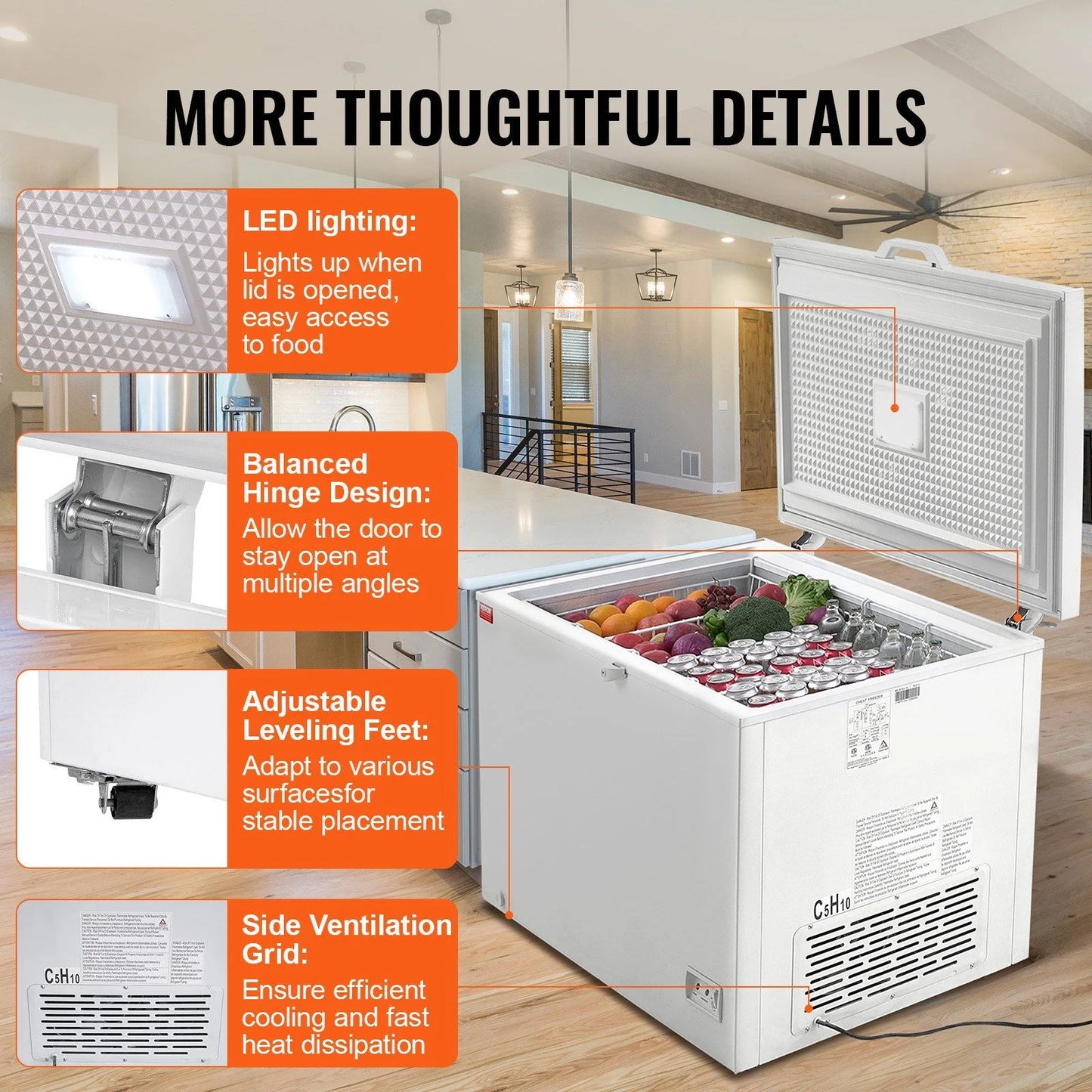 STAWAY 12.8 Cu.ft Chest Freezer - Large Deep Freezer with Adjustable Thermostat, Locking Lid, LED Lighting, 4 Baskets & 6 Wheels - Ideal for Home & Commercial Use