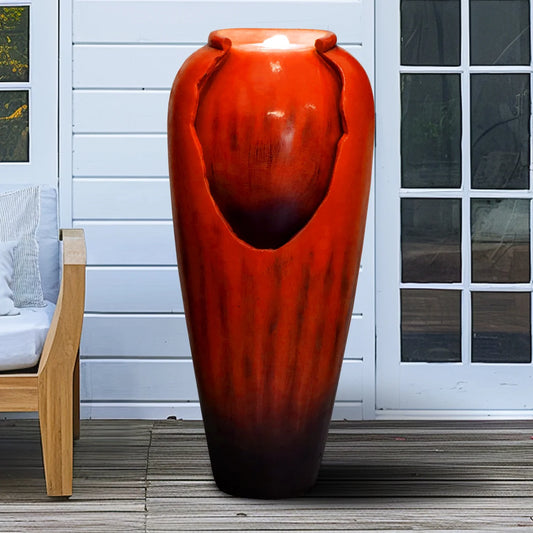 ourrco 30.7"H Concrete Vase Water Fountain, Modern Cascading Waterfall Feature with LED Lighting and Pump, Perfect for Indoor or Outdoor Home and Garden Decor, Red
