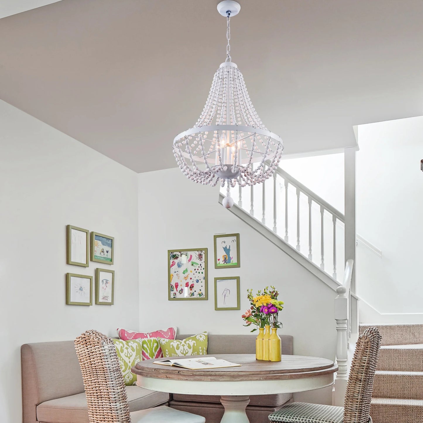 Oaks Aura 4-Light Farmhouse Wood Beaded Chandelier Adjustable Height Black Finish Boho Pendant Lighting