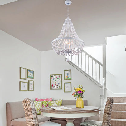 Oaks Aura 4-Light Farmhouse Wood Beaded Chandelier Adjustable Height Black Finish Boho Pendant Lighting
