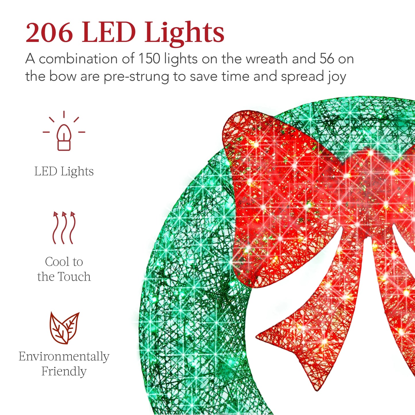 Best Choice Products 60in Pre-Lit Outdoor Christmas Wreath, LED Metal Holiday Decor w/206 Lights, Bow - Green/Red