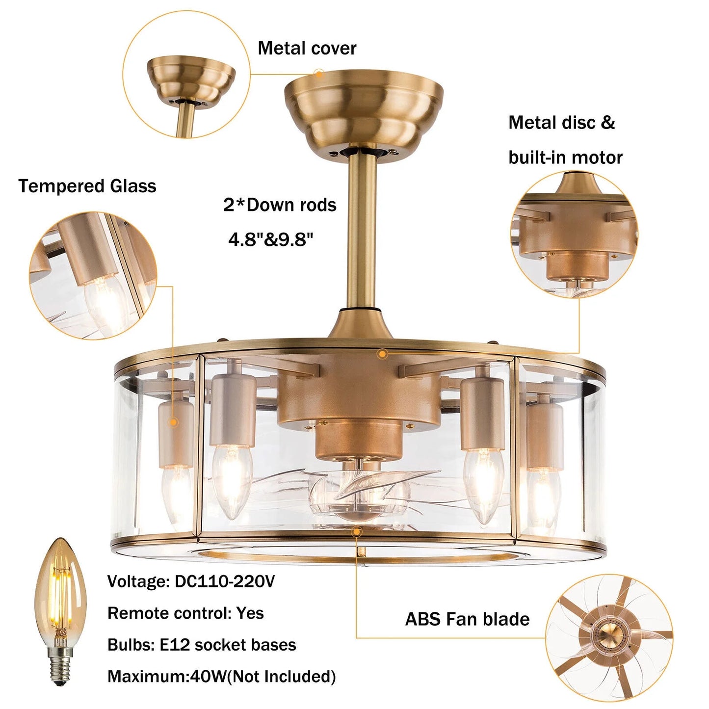 Caged Fandelier Ceiling Fan with Light, Golden Ceiling Fans with Remote Control & Noiseless 35db - Farmhouse Rustic Bladeless Ceiling Fans Chandelier Retro Lighting Fixture