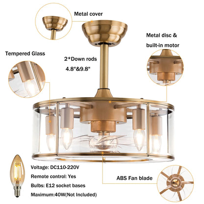 Caged Fandelier Ceiling Fan with Light, Golden Ceiling Fans with Remote Control & Noiseless 35db - Farmhouse Rustic Bladeless Ceiling Fans Chandelier Retro Lighting Fixture