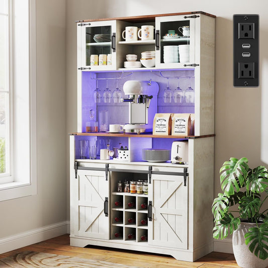 72" Farmhosue Coffee Bar Cabinet with Storage, Tall Kitchen Buffet with Hutch & Wine & Glasses Rack, Sliding Barn Door, Charging Station, RGB Lighting, 12 Storage Shelves, Sideboard Table