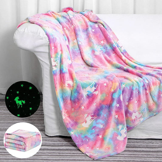Unicorn Blanket for Girls, Glow in Dark Throw Blanket Lighted, Flannel Furry Fleece Blanket, Christmas Gifts for Kids Ages 3+ Years Old, 60in x 50in
