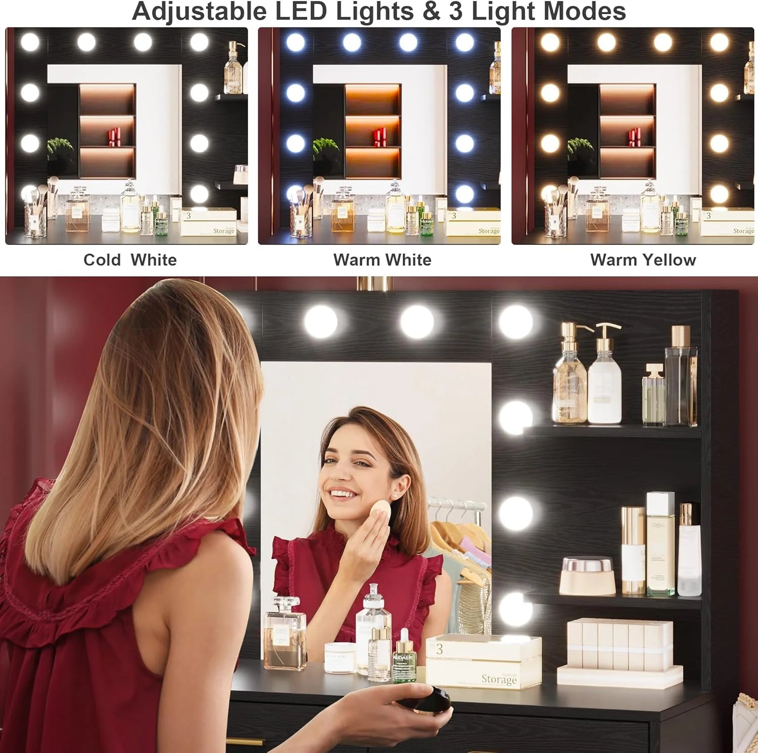 Garvee 61" White Makeup Vanity Desk with Mirror and Lights, Adjustable Brightness, 3 Lighting Modes, 8 Storage Drawers & 2 Open Shelves - Vanity Table for Bedroom