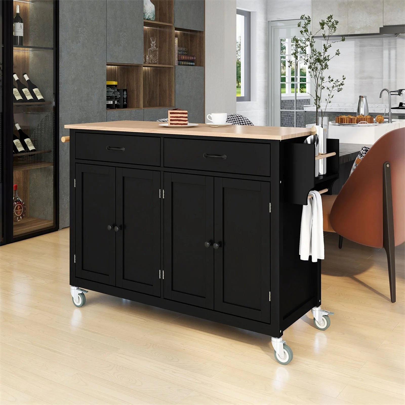 Kitchen Storage Islands& Carts with Solid Wood Top and Locking Wheels, Kitchen Island Cart with 4 Door Cabinet and Two Drawers, Kitchen Cabinets for Kitchen and Dining Room, Green