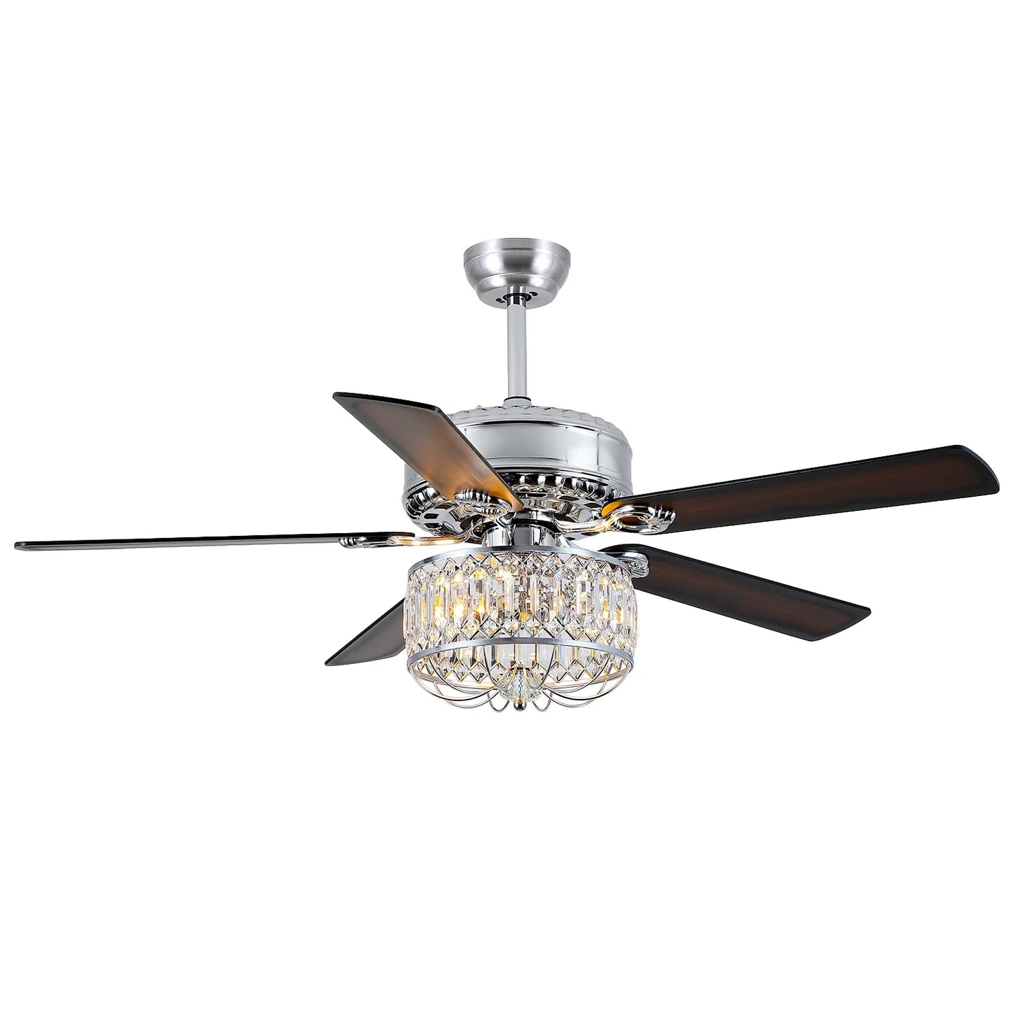 Kviflon 52" Farmhouse Ceiling Fan with Lights & Remote, Crystal Chandelier, Wood Blades, Quiet Motor, 6-Speed, Timer, Modern Lighting for Living Room, Bedroom, Dining Room, Chrome Finish