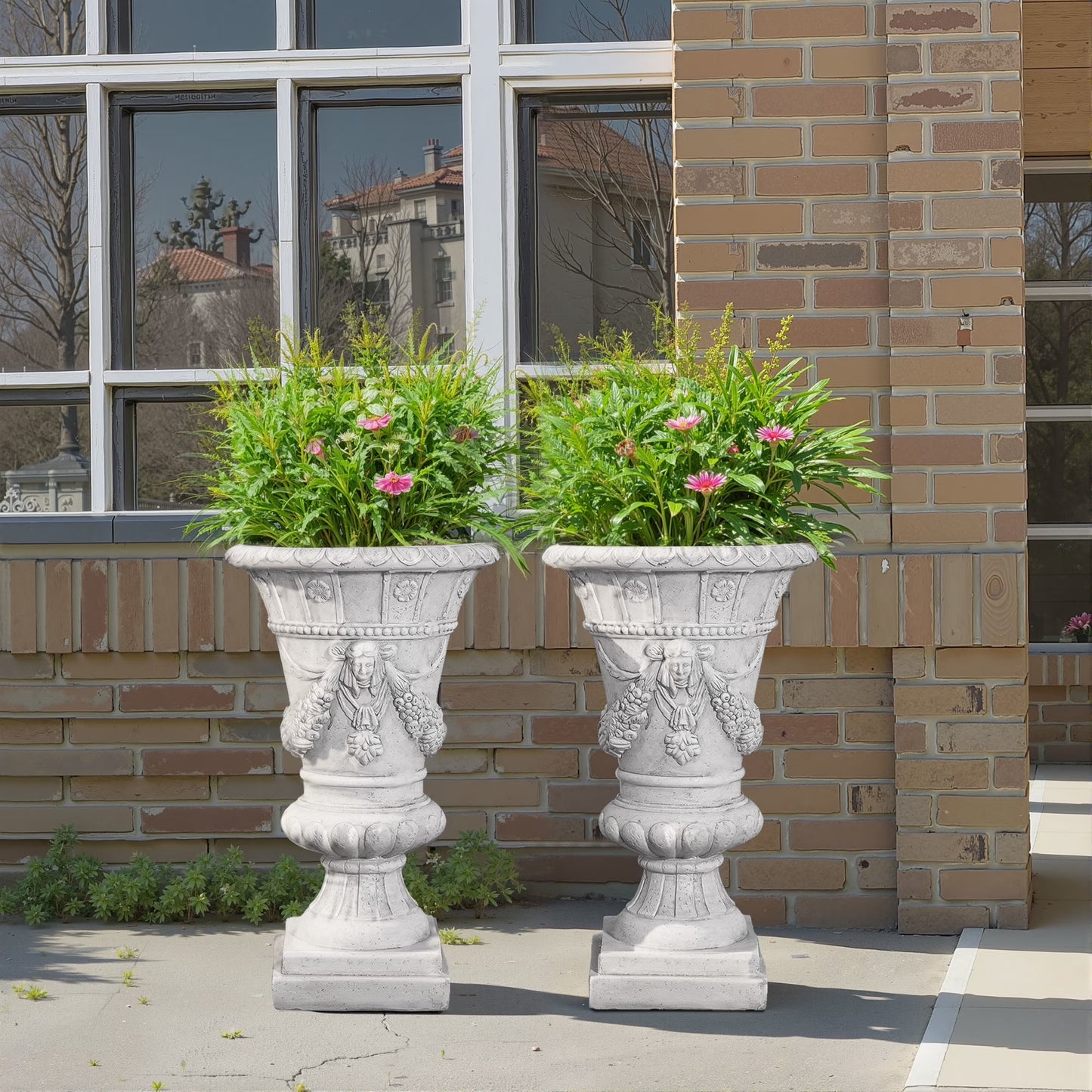 Christopher Knight Home 23.75" MGO Garden Urn Planter with Drainage Hole, Classic Outdoor Pot, Light Gray, Set of 2