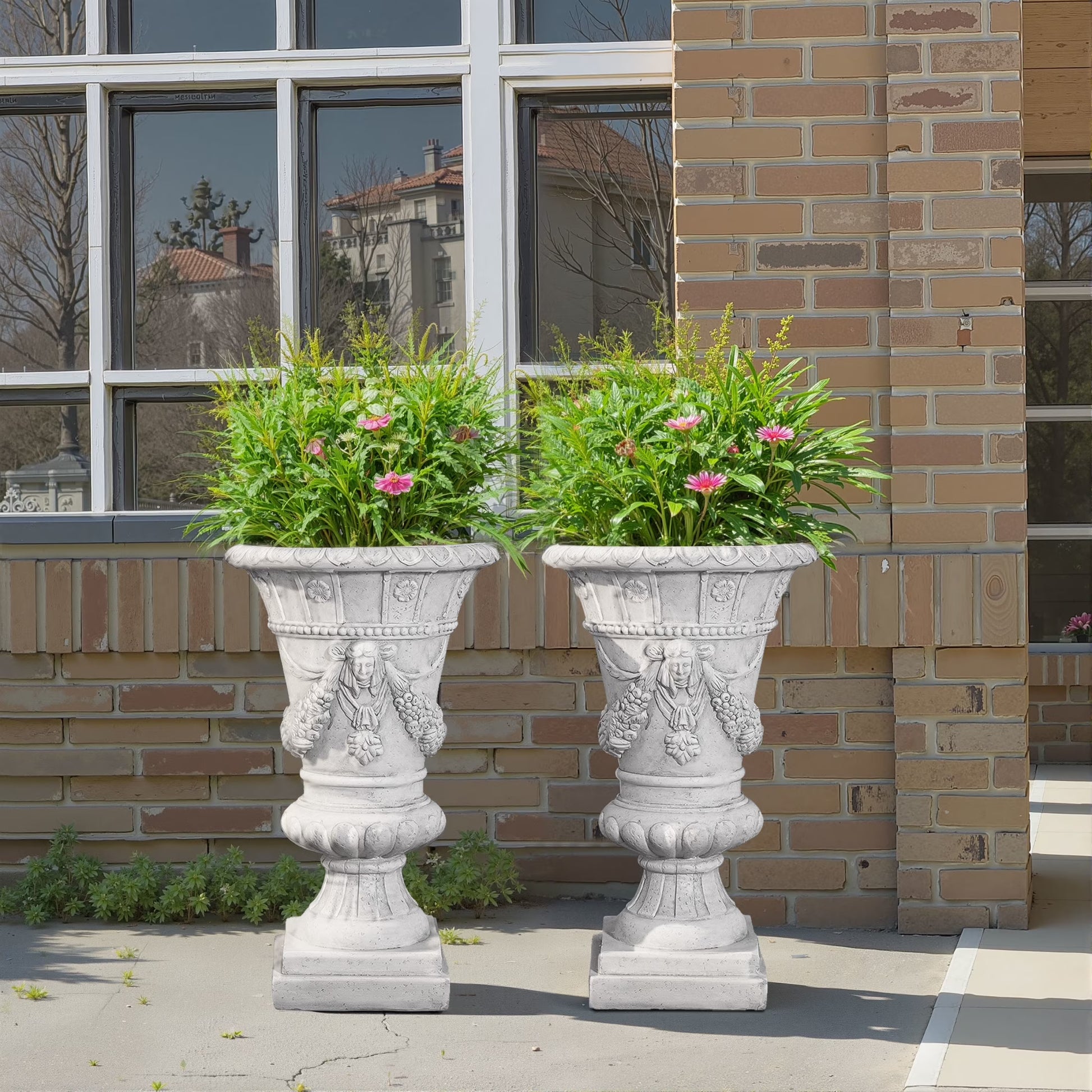Christopher Knight Home 23.75" MGO Garden Urn Planter with Drainage Hole, Classic Outdoor Pot, Light Gray, Set of 2