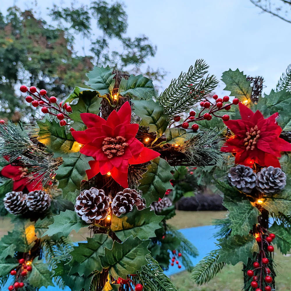 Solar Christmas Decorations Outdoor LED Lights, Xmas Waterproof Cross Stake, Cemetery Grave Decorations,Faux Pine Cones and Foliage Ornament Stakes for Garden Lawn Yard Cemetery, Set of 2