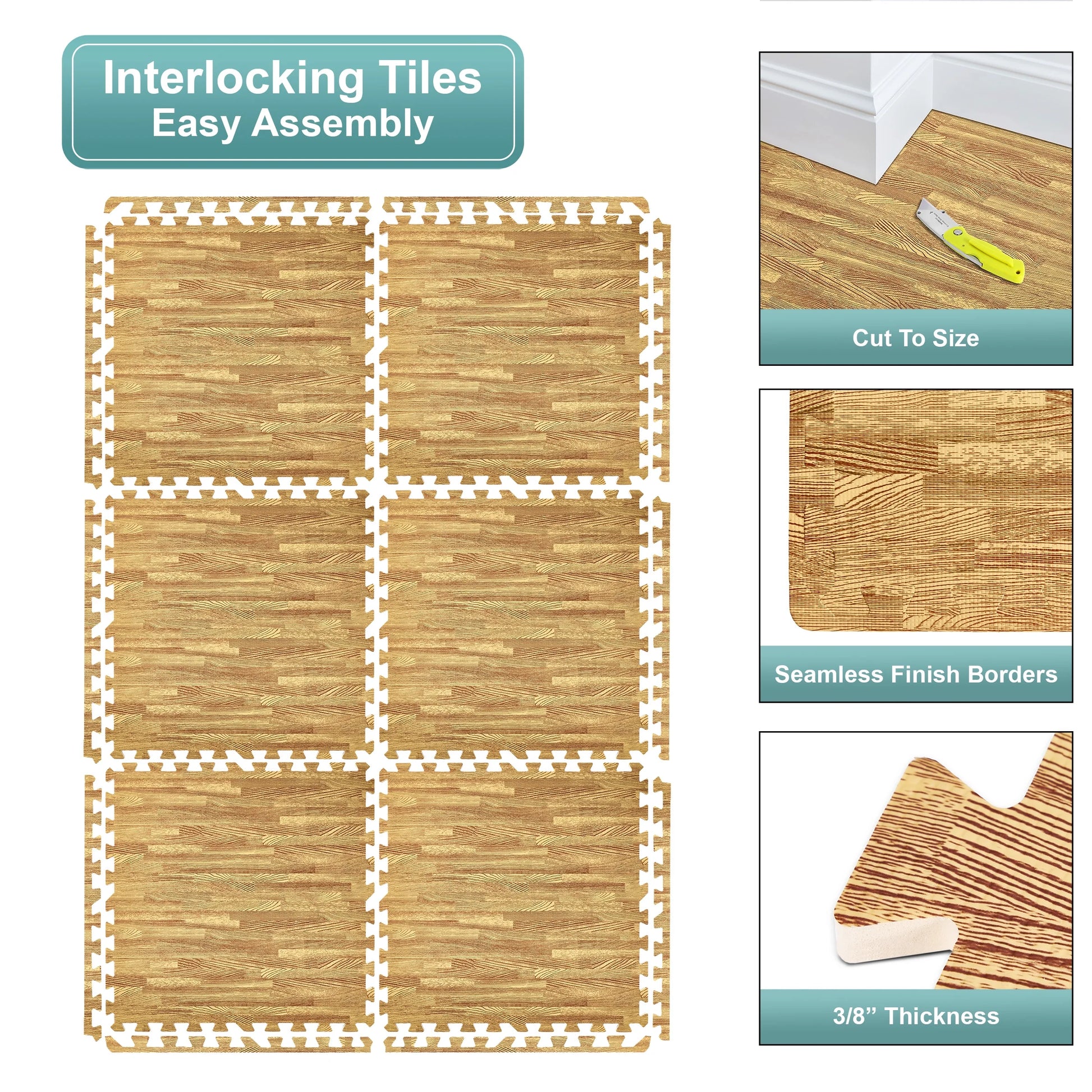 Sorbus 96 Sq. Ft. Wood Grain Floor Tiles Foam Mat EVA Interlocking Mats Tile 3/8-Inch Thick Flooring Wood Puzzle Exercise Mats w/Borders - Home Playroom Basement, Apartment, Trade Show, Baby, Dance