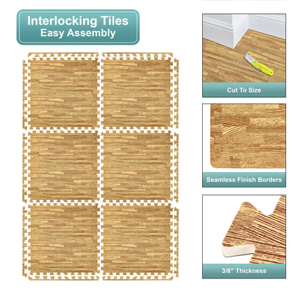 Sorbus 96 Sq. Ft. Wood Grain Floor Tiles Foam Mat EVA Interlocking Mats Tile 3/8-Inch Thick Flooring Wood Puzzle Exercise Mats w/Borders - Home Playroom Basement, Apartment, Trade Show, Baby, Dance