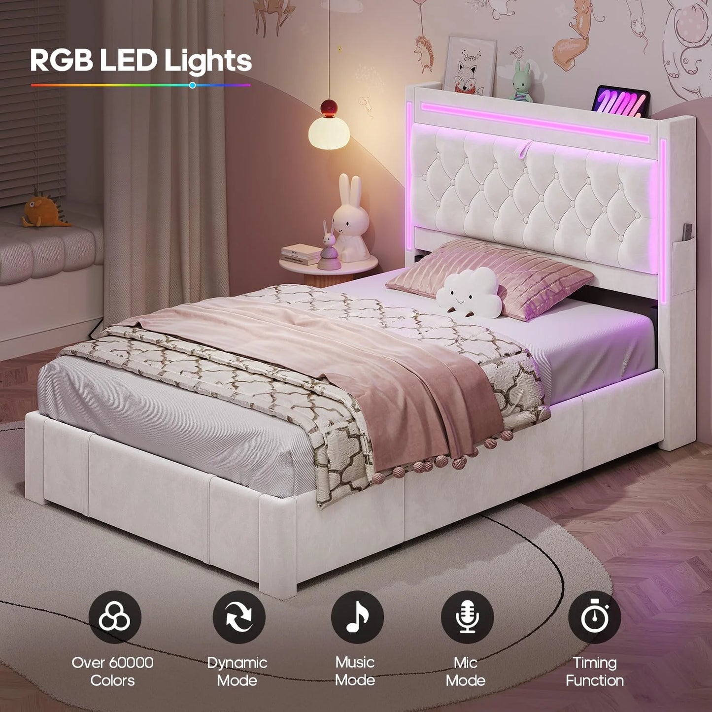 Platform Bed Twin Size with Storage Drawers and Headboard,, Twin Size Velvet Upholstered Bed with RGB Lighting and Power Outlet, No Box Spring Needed, Noise-Free, White