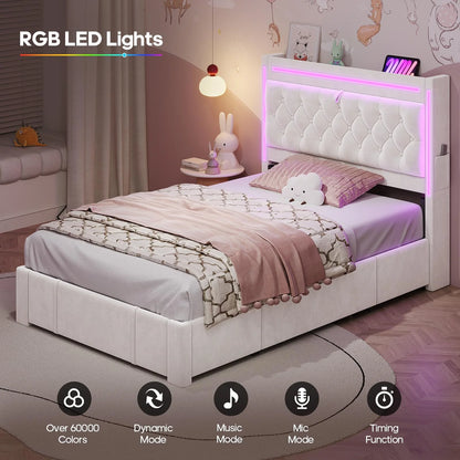 Platform Bed Twin Size with Storage Drawers and Headboard,, Twin Size Velvet Upholstered Bed with RGB Lighting and Power Outlet, No Box Spring Needed, Noise-Free, White