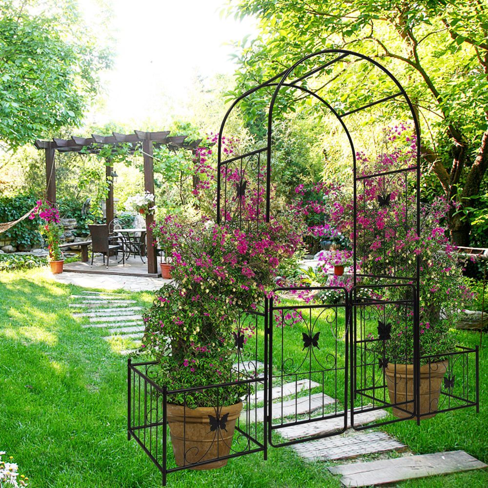 IVV 7.2ft Garden Arbor Arch with Gate and Side Planter Box, Wedding Arch Archway for Ceremony Party, Trellis for Plant Climbing, Christmas Decorations Pergola for Backyard, Lawn, Patio, Yard (Black)