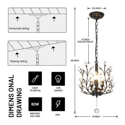 FINE MAKER 18-inch branch flower-shaped crystal chandelier, 3-head living room chandelier, bedroom study lighting fixture (black)