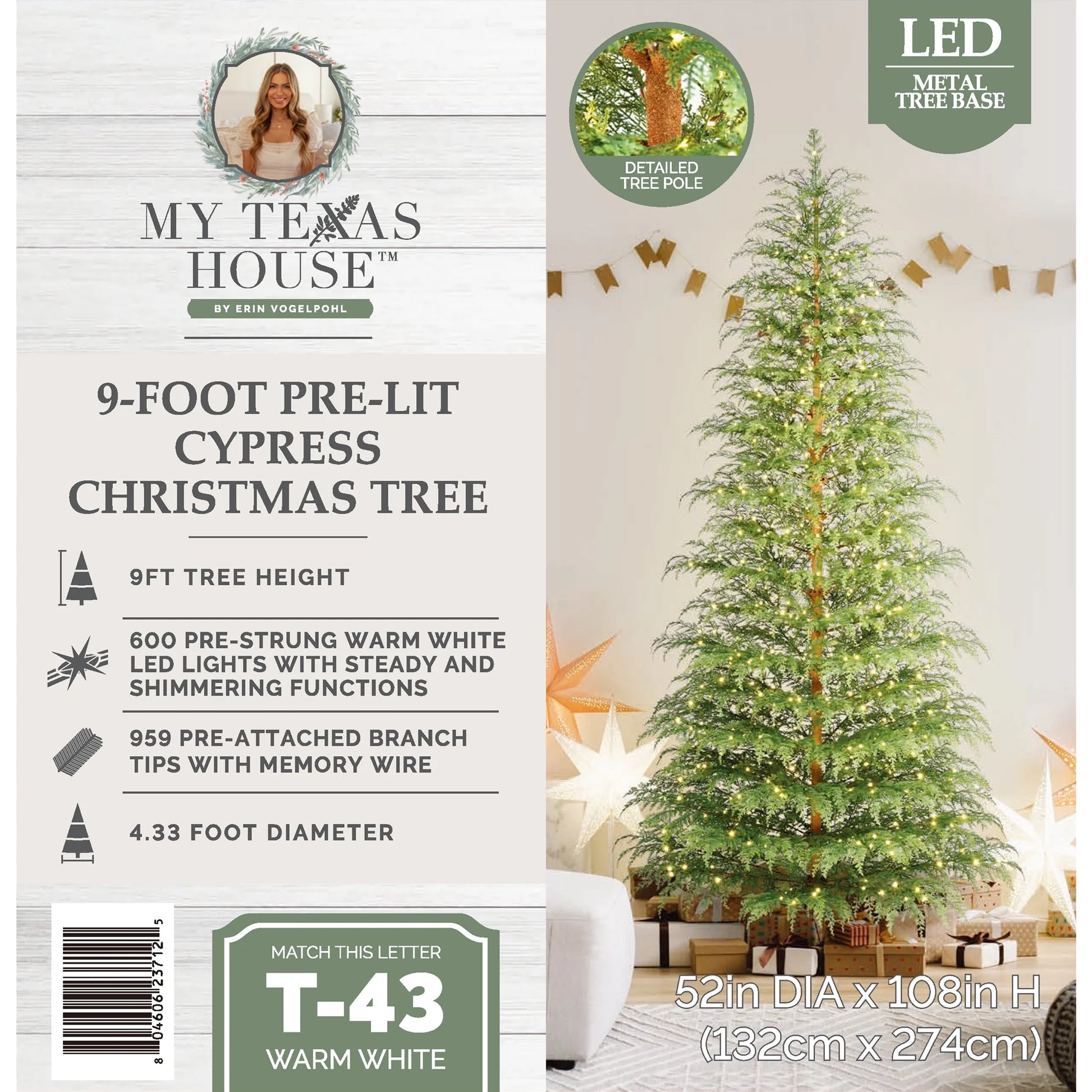 9' Pre-Lit Green Cypress Artificial Christmas Tree with 600 Warm White Twinkle LED Lights, by My Texas House
