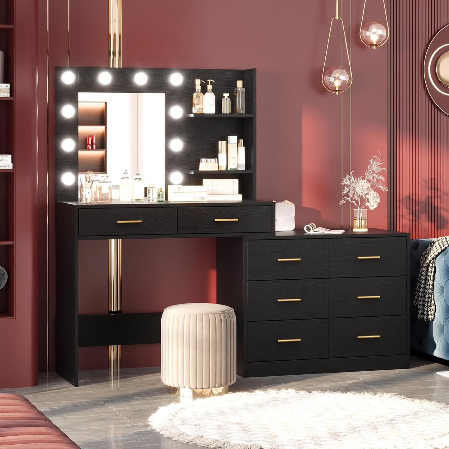 Garvee 61" White Makeup Vanity Desk with Mirror and Lights, Adjustable Brightness, 3 Lighting Modes, 8 Storage Drawers & 2 Open Shelves - Vanity Table for Bedroom