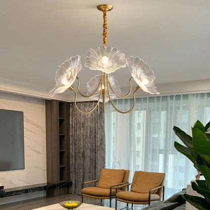 Lotus Leaf Glass Pendant Lights Fixtures Hanging Lamp,French Classic floral pendant Lighting Modern Nordic Chandeliers with 6-Lights,for Living Room Dining Room Bedroom