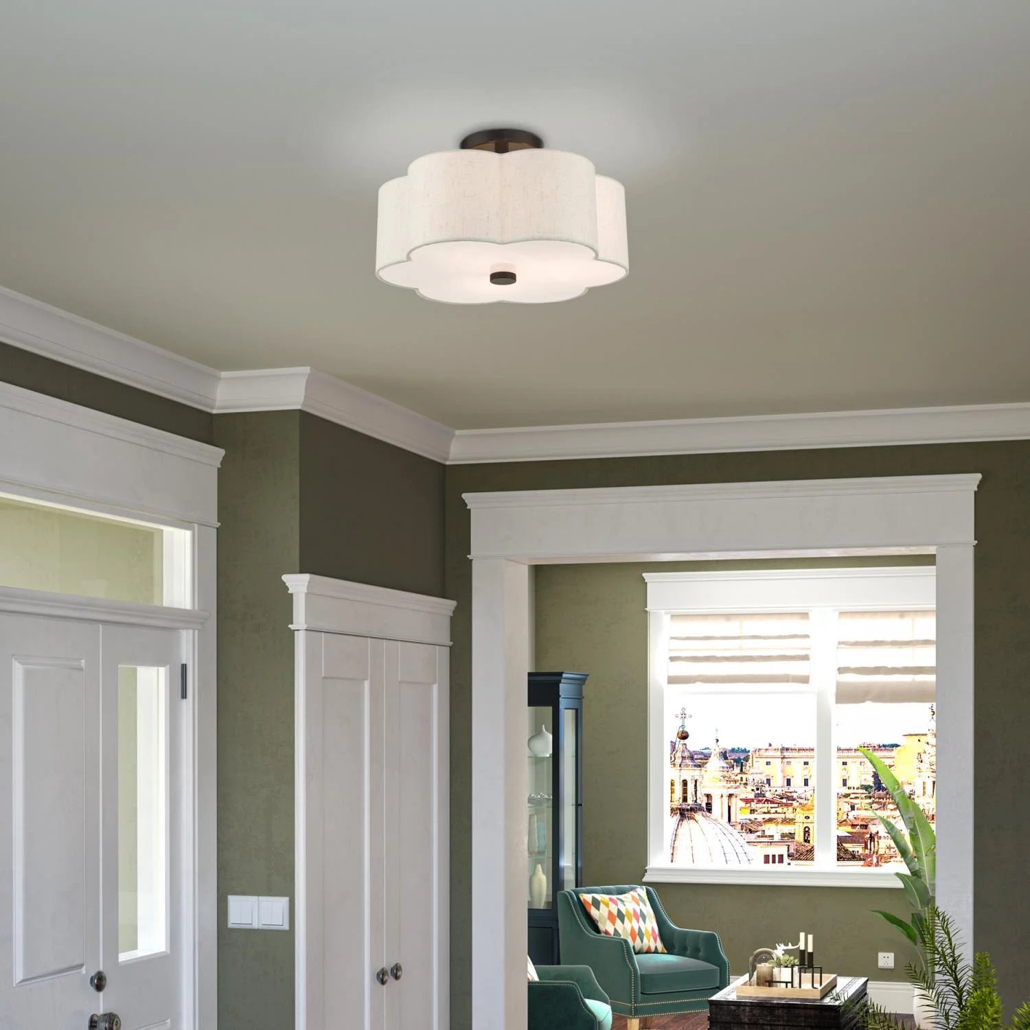 Livex Lighting Solstice 15" 3-Light Metal & Fabric Semi Flush in Brushed Nickel