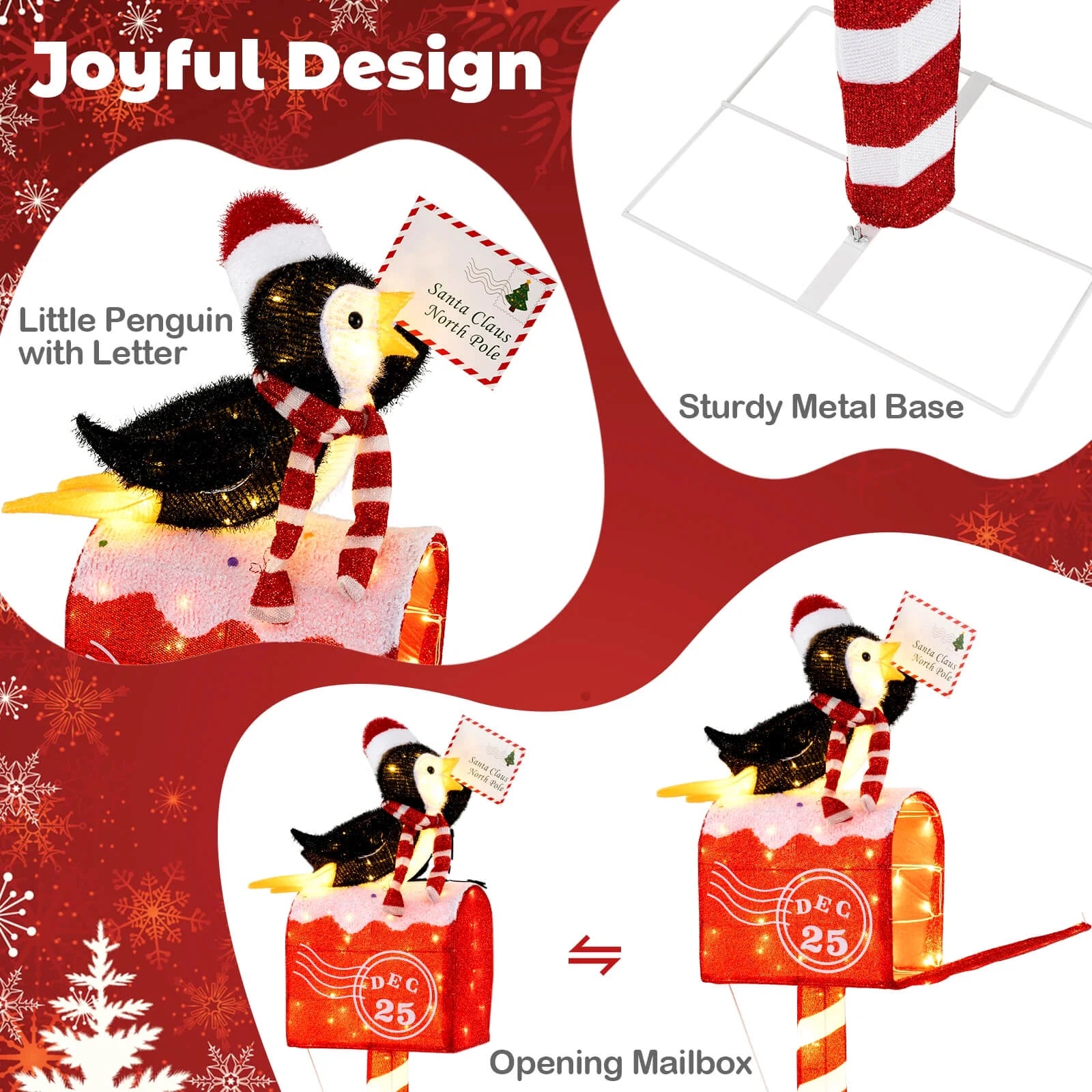 Costway 4.8 FT Christmas Lighted Penguin on Mailbox with 100 LED White Lights,Ground Stakes