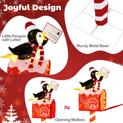 Costway 4.8 FT Christmas Lighted Penguin on Mailbox with 100 LED White Lights,Ground Stakes