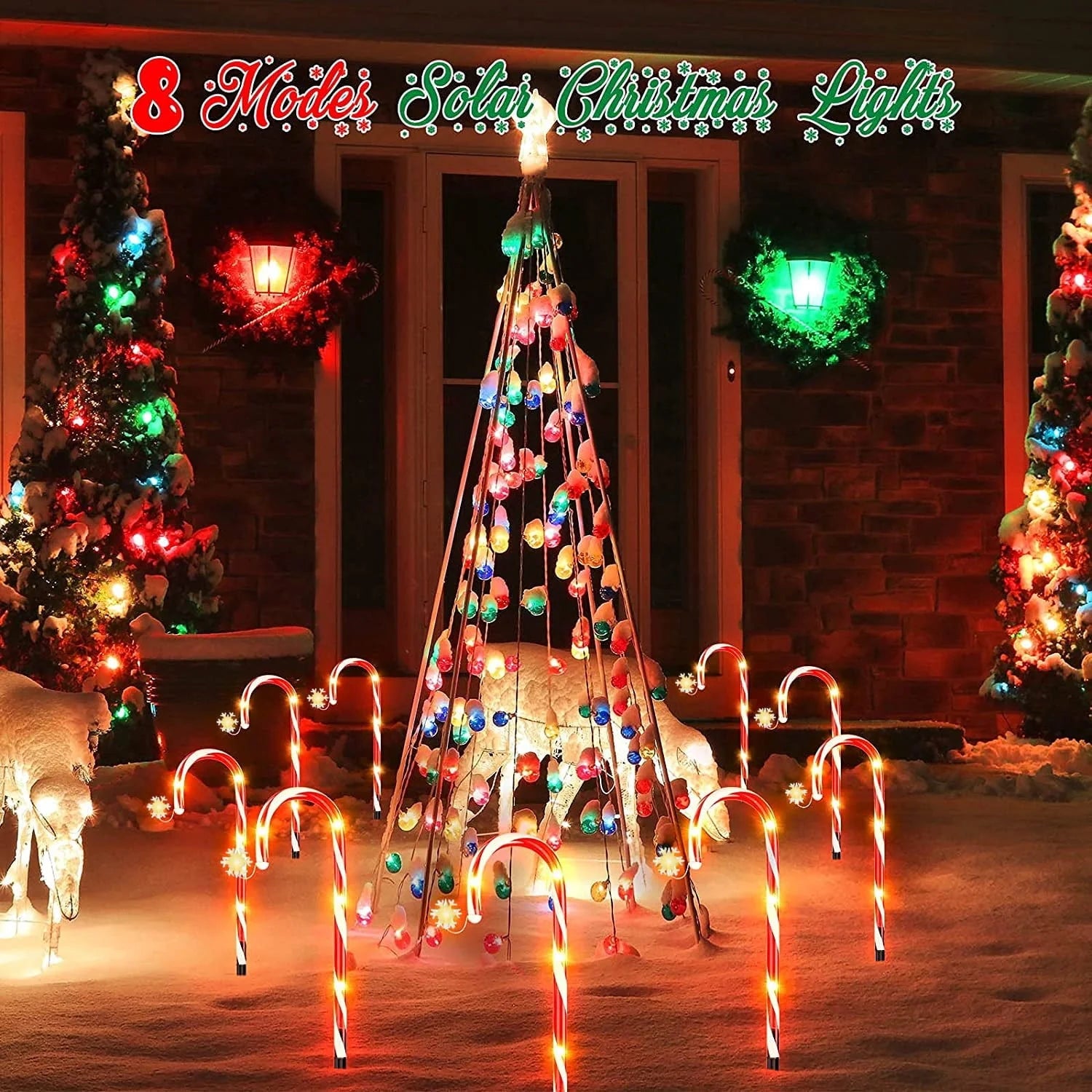 8 pk Solar Outdoor 20 inches LED 8 Modes Christmas Xmas Candy Cane Crutches with Stars Holiday Waterproof Pathway Warm Lights