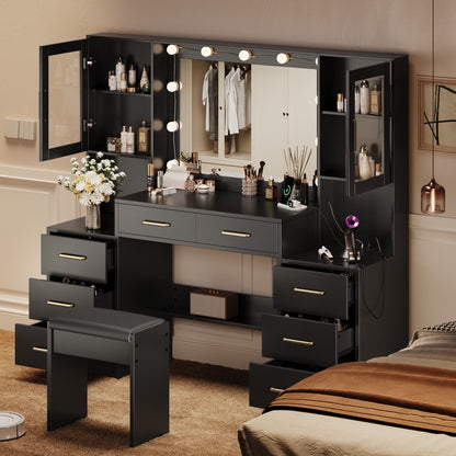 UGTOO 58.3" White Vanity Desk with Mirror, Adjustable Lighting, Power Outlet, Drawers, with Stool