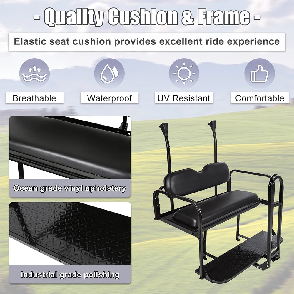 Kojem Flip Folding Rear Black Seat Kit for 2004-up Club Car Precedent Gas or Electric Models Golf Cart w/Extra Handle Bar w/Roof Support - 3 Packages & All Hardware