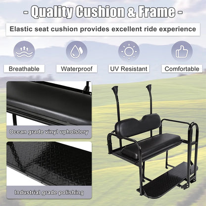 Kojem Flip Folding Rear Black Seat Kit for 2004-up Club Car Precedent Gas or Electric Models Golf Cart w/Extra Handle Bar w/Roof Support - 3 Packages & All Hardware