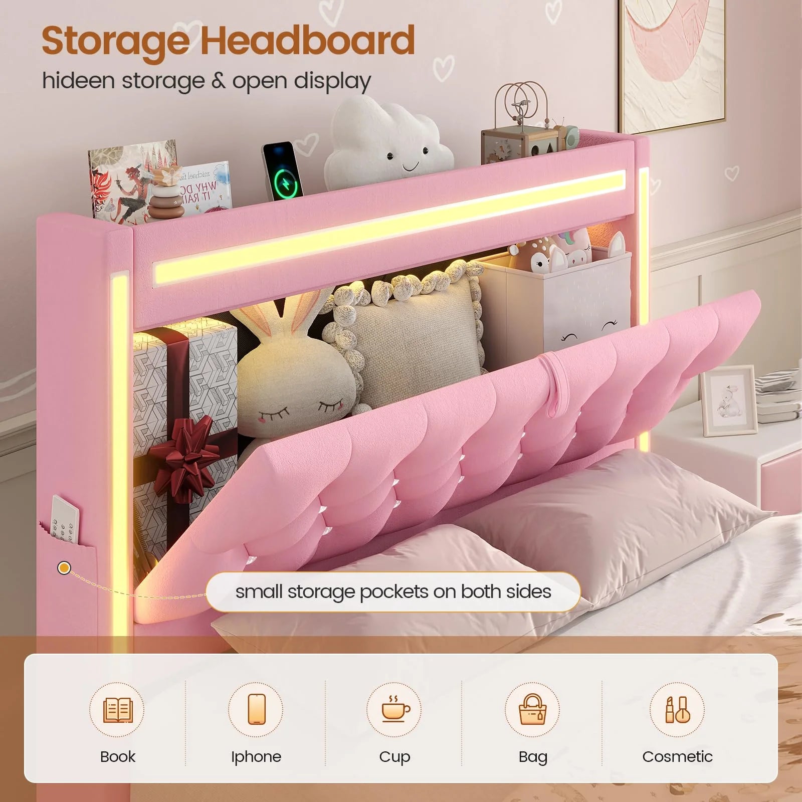 Platform Bed Twin Size with Storage Drawers and Headboard,, Twin Size Velvet Upholstered Bed with RGB Lighting and Power Outlet, No Box Spring Needed, Noise-Free, White